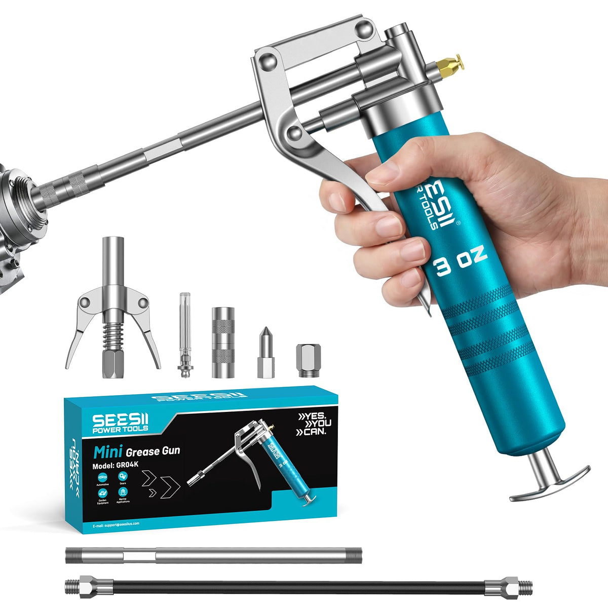 Seesii front view of mini grease gun kit showing compact benefit