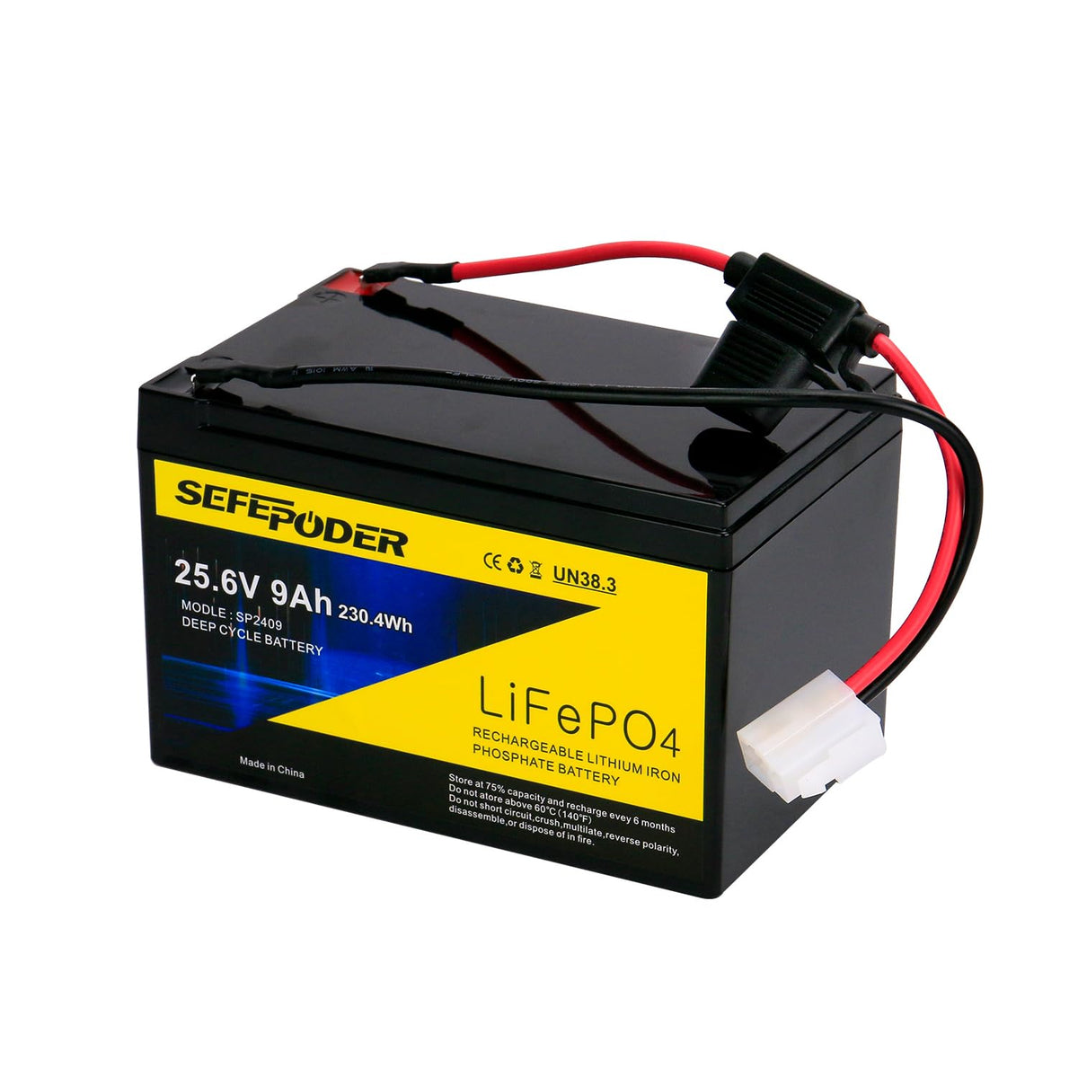 SEFEPODER front view of 24V 9Ah battery showing compact design and reliable power