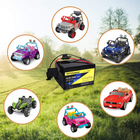 SEFEPODER lifestyle shot child riding Power Wheels powered by this battery