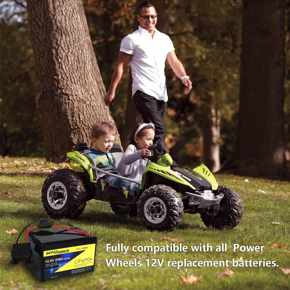 SEFEPODER battery beside lead-acid pack showing lighter weight advantage