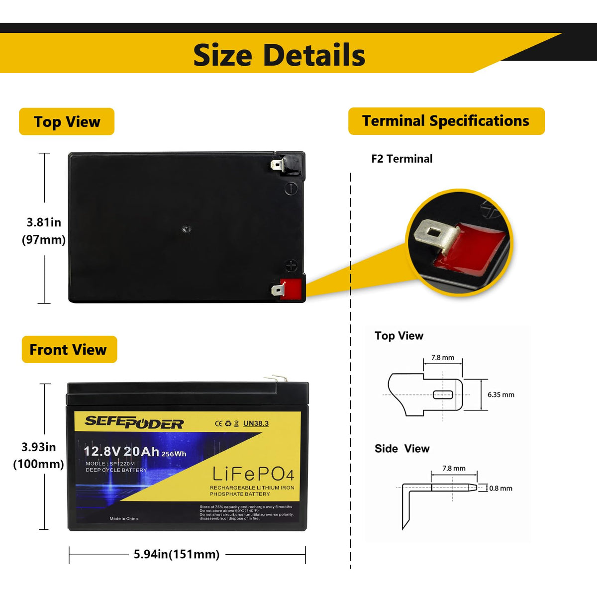 SEFEPODER battery top terminals and label visible, benefit clear installation info