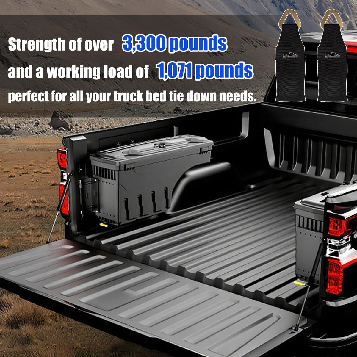 Sefream lifestyle image of truck bed loaded and anchored for safe transport