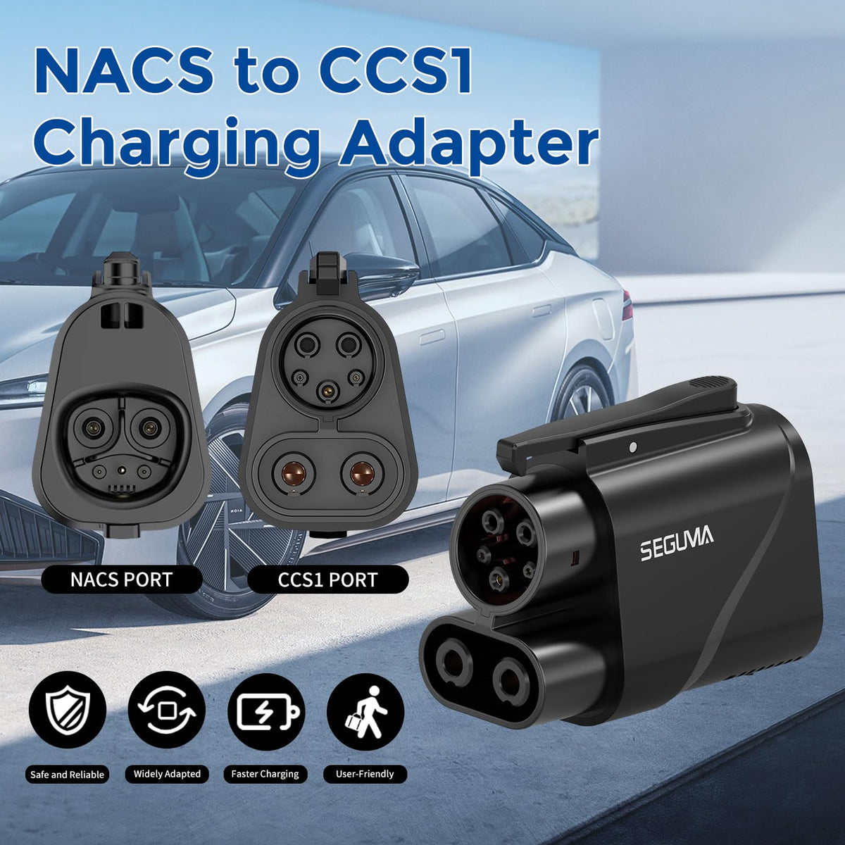 SEGUMA adapter plugged into a Tesla Supercharger demonstrating expanded charging options