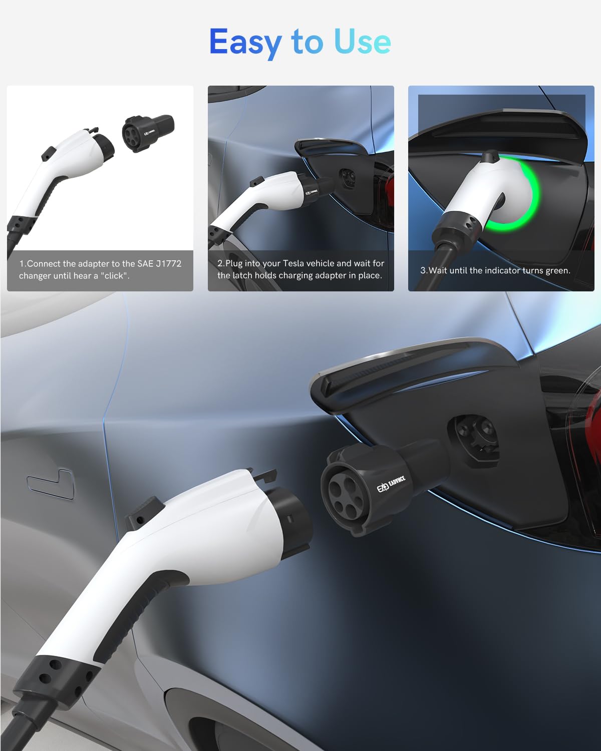 SEGUMA adapter with J1772 plug attached illustrating simple plug-and-play use
