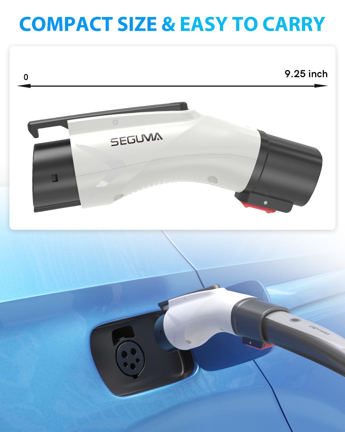 SEGUMA J1772 connector end visible for easy plug compatibility with non-Tesla EVs