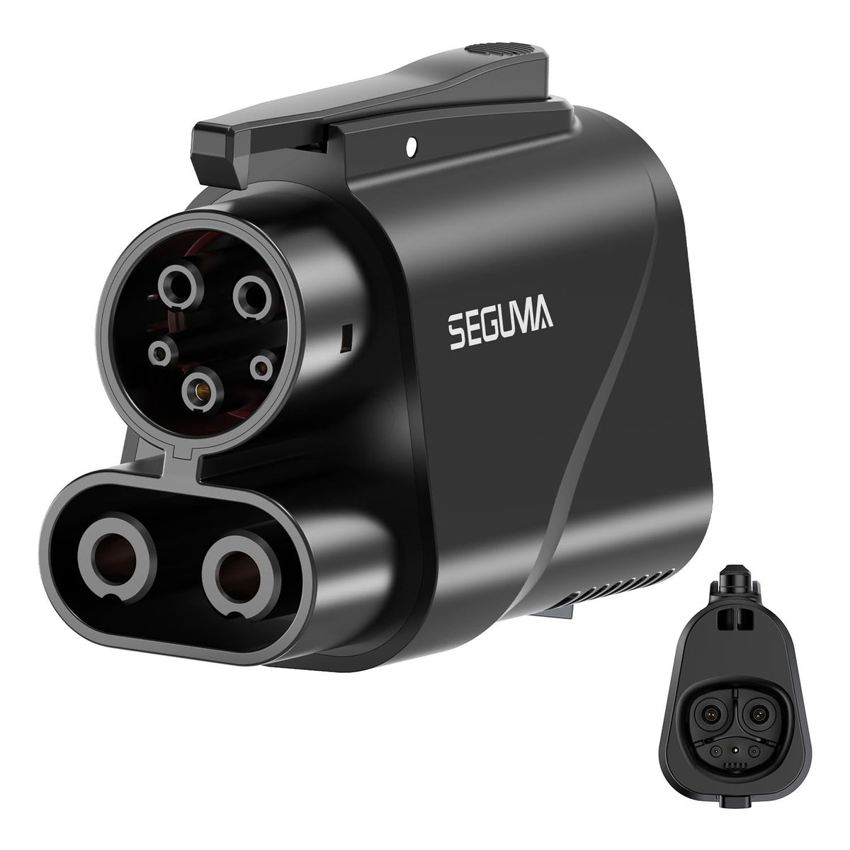 SEGUMA adapter front view showing NACS and CCS1 ends for broad charging access