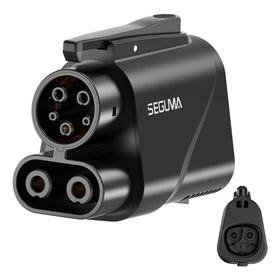 SEGUMA adapter front view showing NACS and CCS1 ends for broad charging access