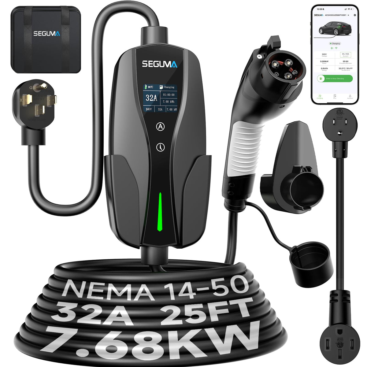 SEGUMA front view shows compact charger with durable housing and easy install benefit