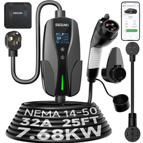 SEGUMA front view shows compact charger with durable housing and easy install benefit