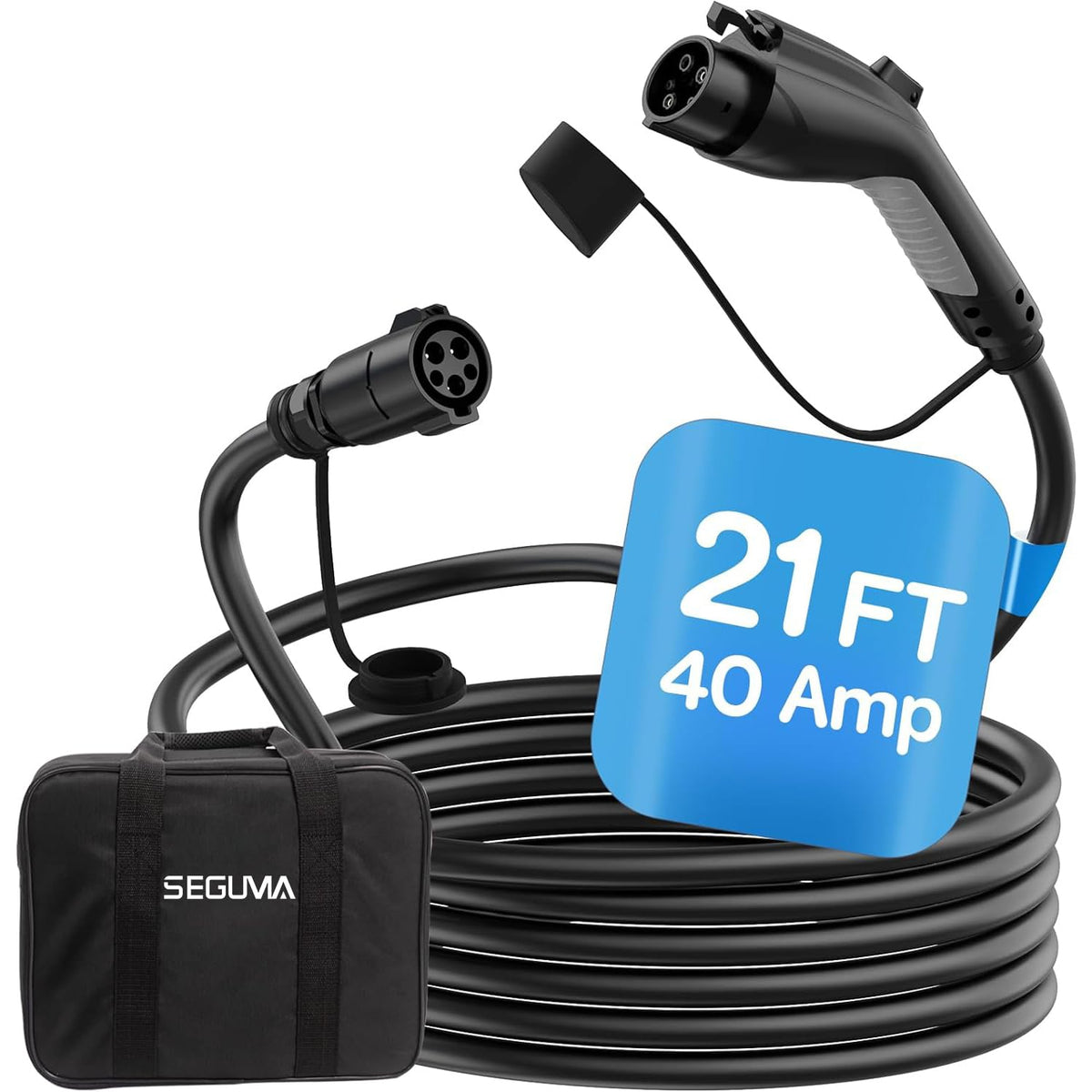 SEGUMA front view of J1772 extension showing full cable and connectors, improves reach