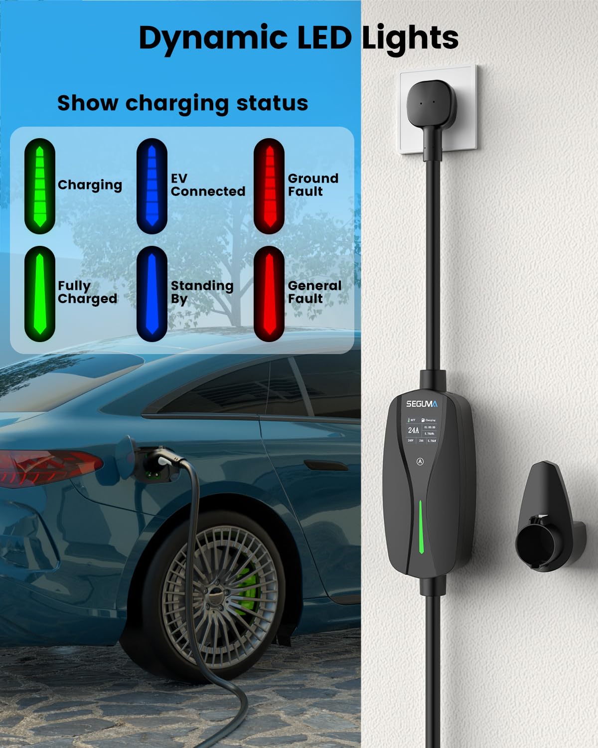 SEGUMA portable charger plugged in a garage demonstrating everyday home charging convenience