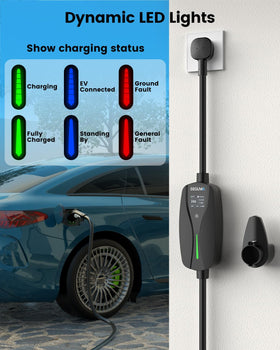 SEGUMA portable charger plugged in a garage demonstrating everyday home charging convenience