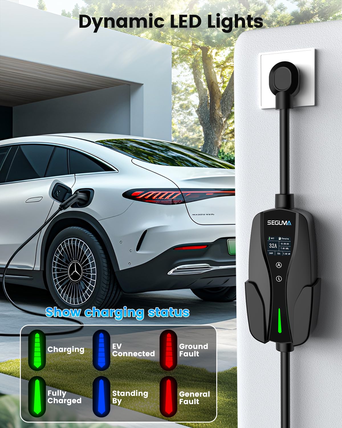 SEGUMA in use charging an EV at driveway showing fast level 2 charging benefit
