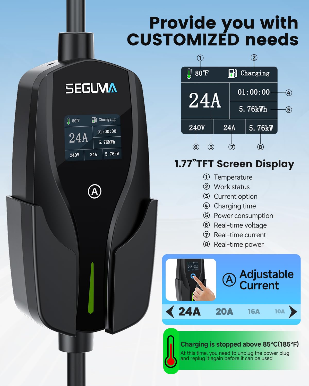 SEGUMA close-up of SAE J1772 connector for secure EV connection and universal compatibility
