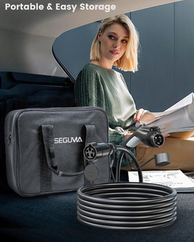 SEGUMA plug connected to vehicle J1772 port highlighting secure, reliable connection