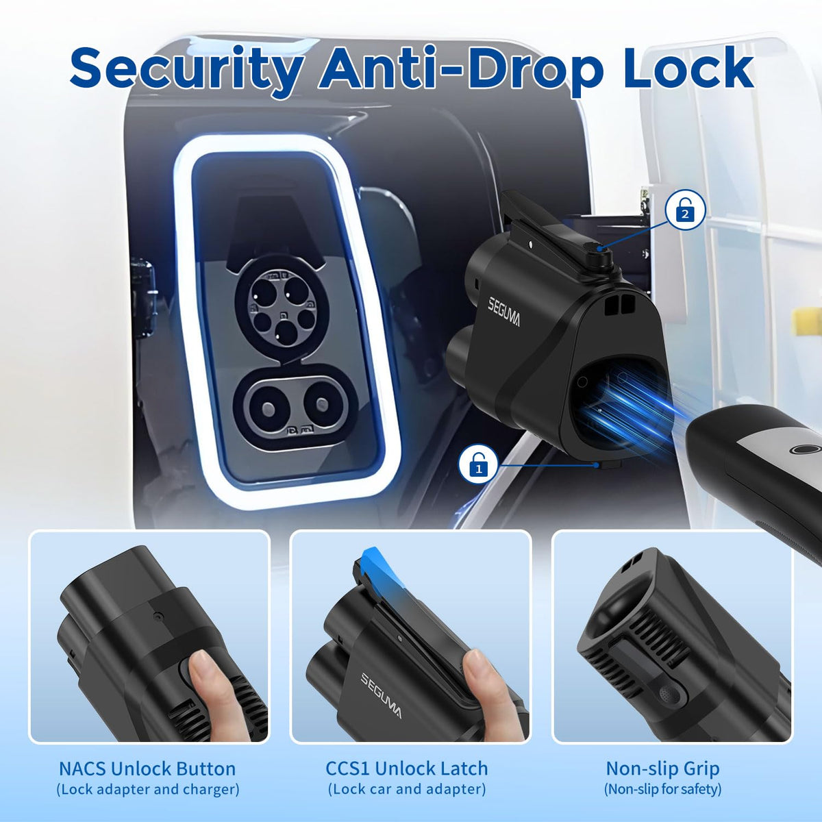 SEGUMA side profile showing dual-locking mechanism ensuring secure high-speed charging