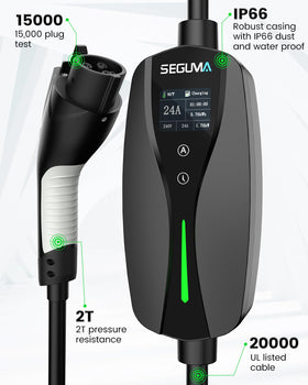 SEGUMA next to car tire to show scale and cable reach for easy vehicle access