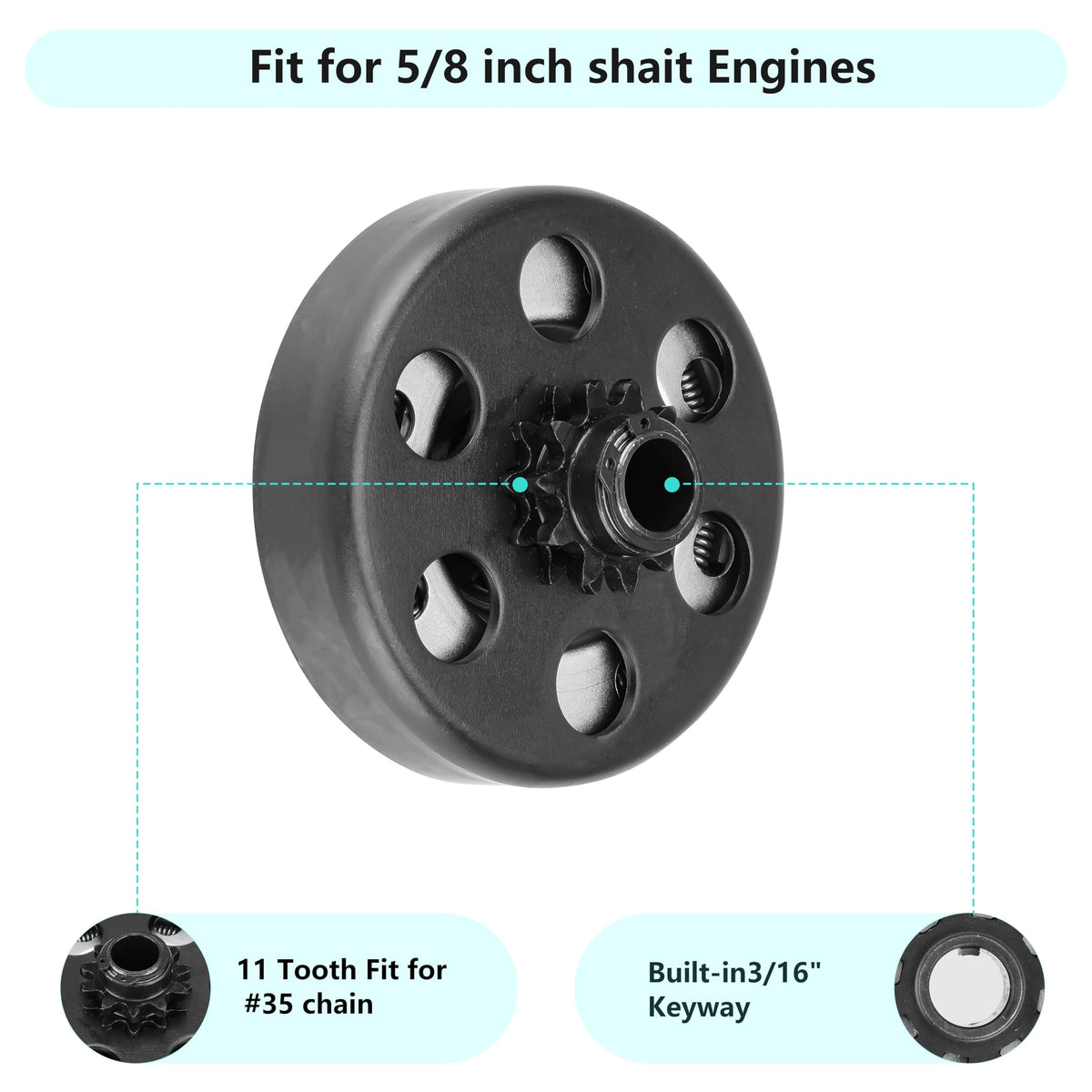 SEHNSUCHT shaft keyway detail showing 5/8-inch bore for correct engine fitment