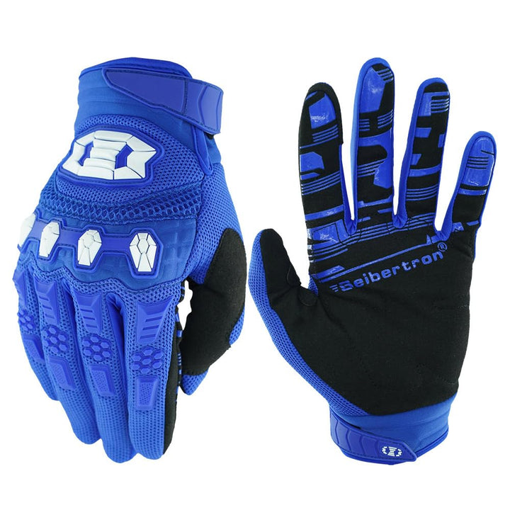 Seibertron front view of blue racing glove showing overall fit and design benefit