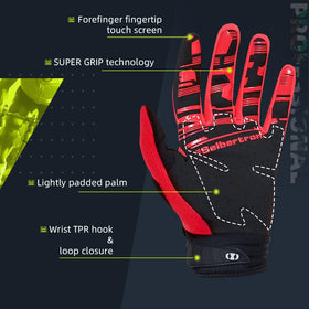 Seibertron gloves pictured gripping mountain bike handlebar for control