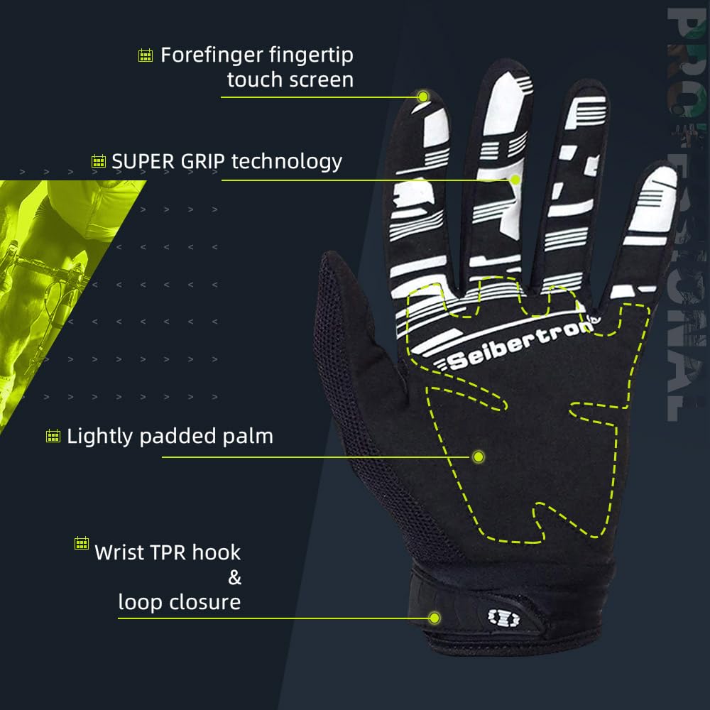 Seibertron gloves worn on mountain bike bars demonstrating secure grip