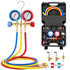 Sejaede front view of manifold gauge set showing three-way body and gauges for quick identification and control