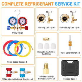 Sejaede manifold kit connected to a vehicle A/C service port demonstrating practical on-car use benefit
