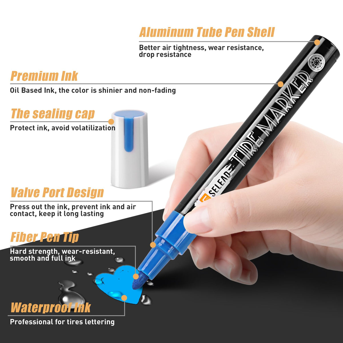 SELEAD aluminum barrel detail showing protective shell for longer ink life benefit