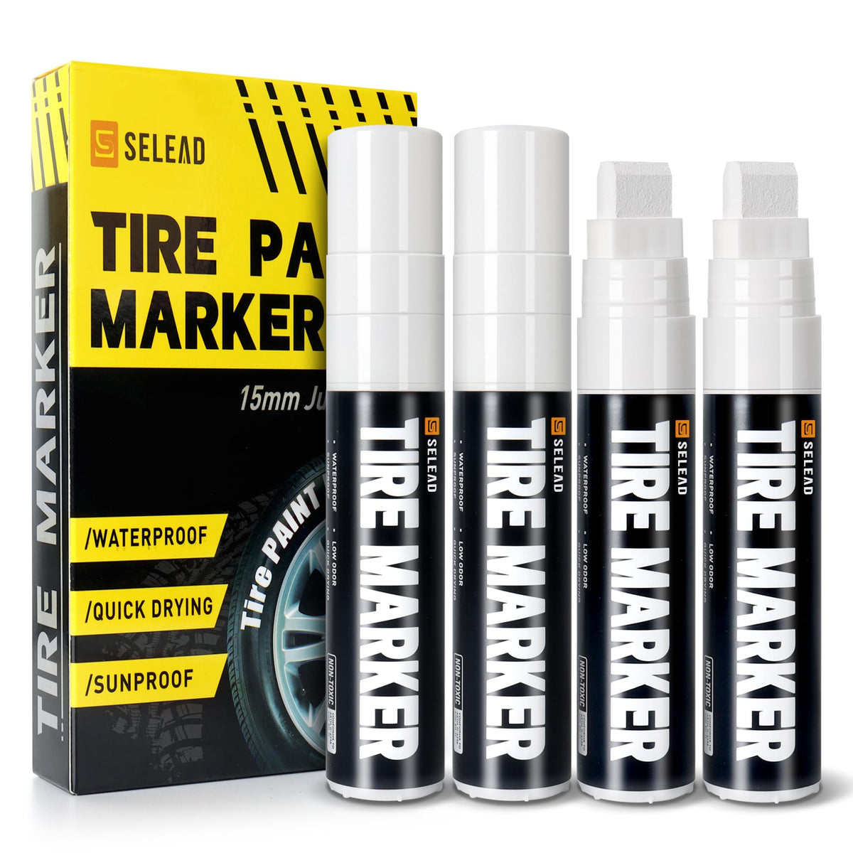 SELEAD front packaging showing four jumbo white tire markers and benefits