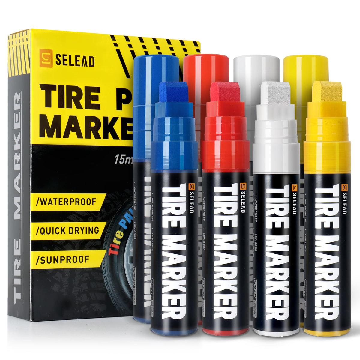 SELEAD front packaging showing four jumbo tire marker colors and benefits