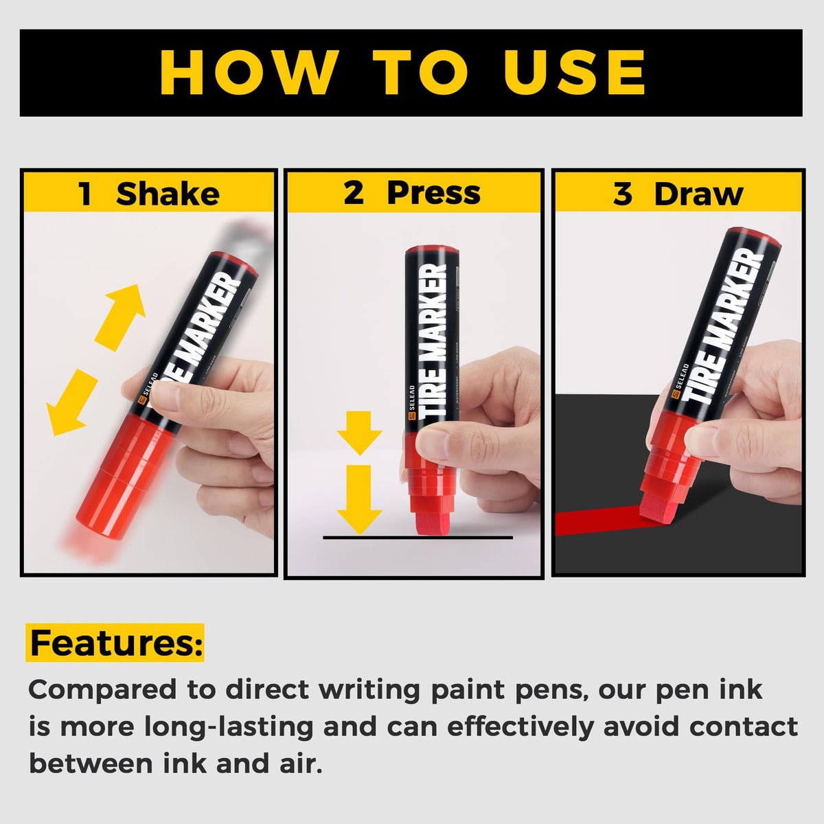 SELEAD markers applied to wood, glass, and rock demonstrating versatile surface use