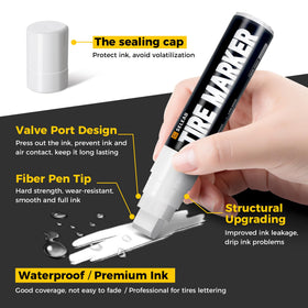 SELEAD marker creating crisp white letters on a car tire sidewall outdoors