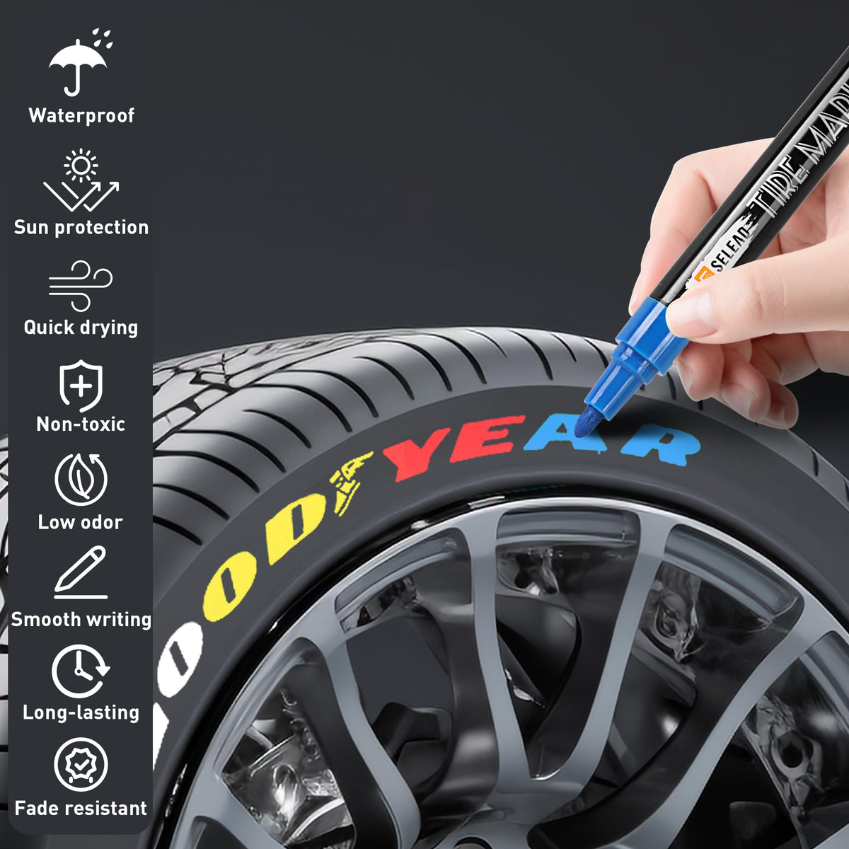SELEAD marker used on parked motorcycle tire in daylight showing weather resistance benefit