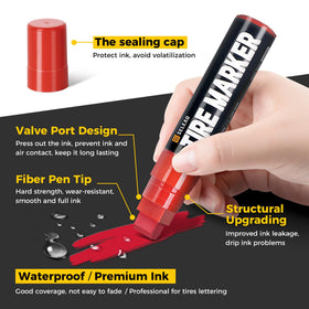 SELEAD white marker creating high-contrast lettering on a tire sidewall for visibility