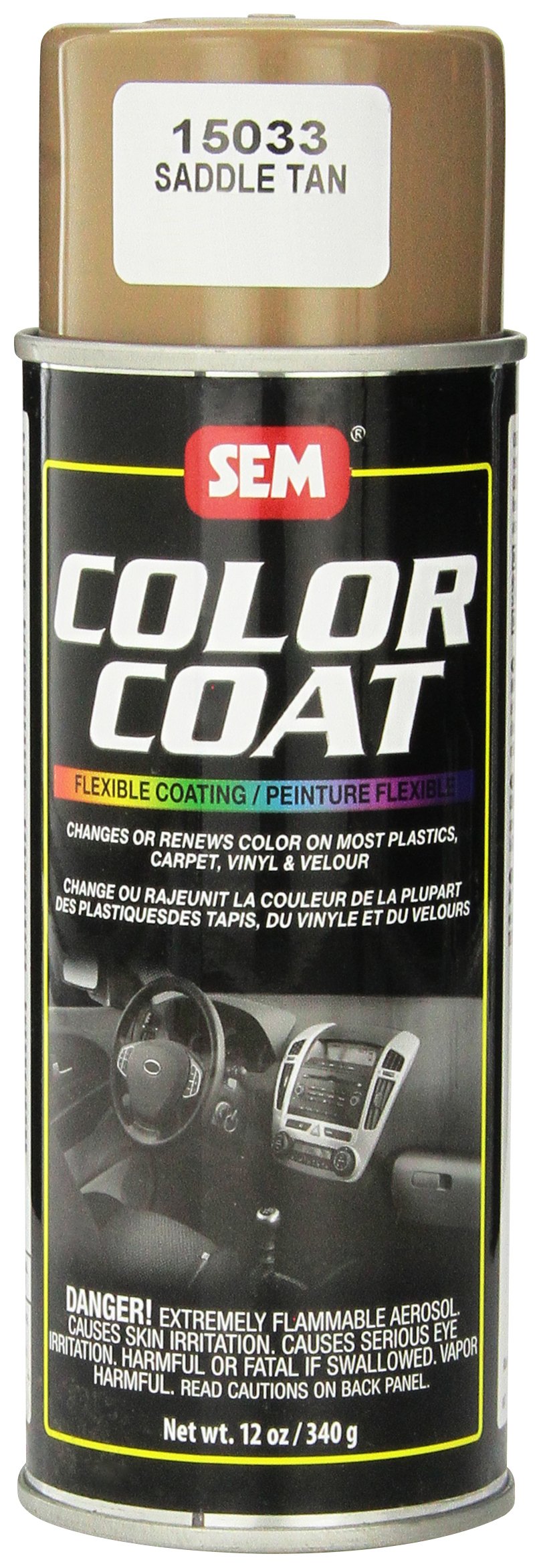 SEM 15033 front can view showing Saddle Tan label and color reference, professional finish benefit