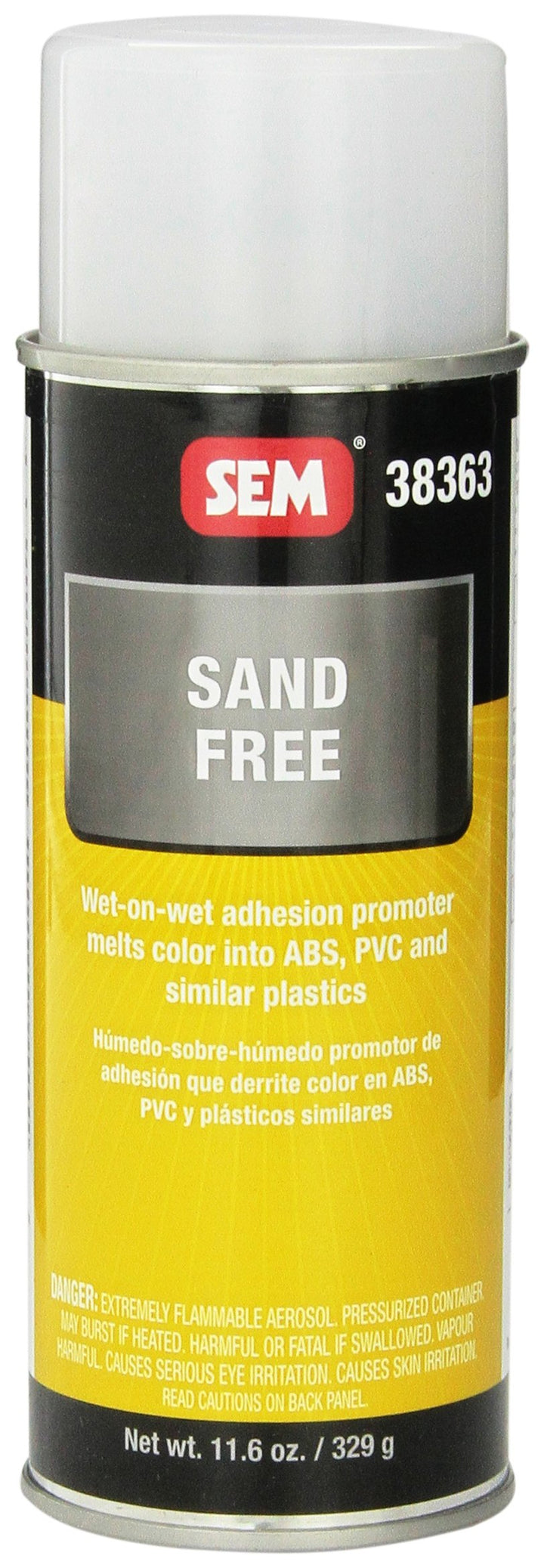 SEM Sand Free front can showing label and fluid benefit for plastic adhesion