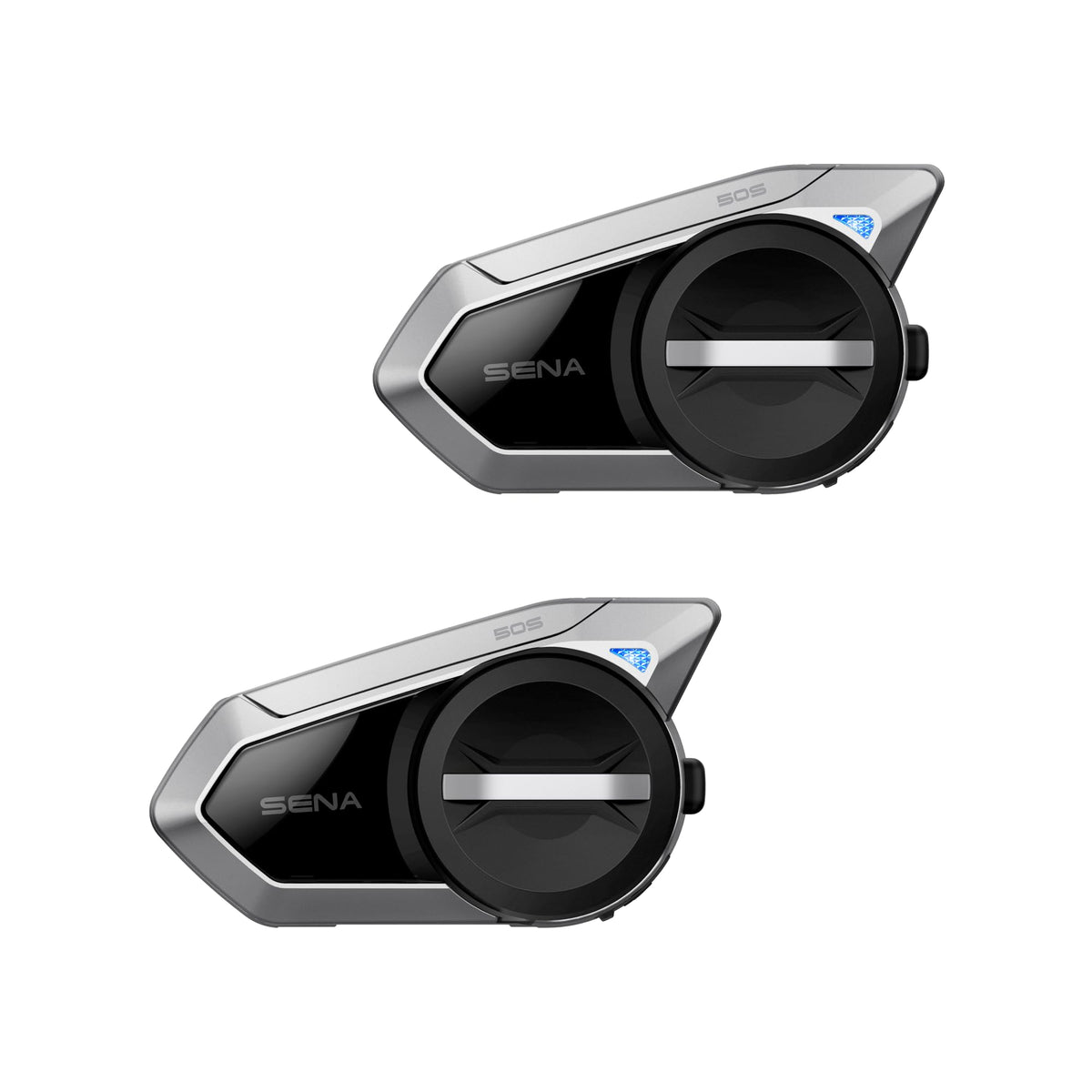 Sena 50S dual-pack front view showing communication units and benefit of easy pairing