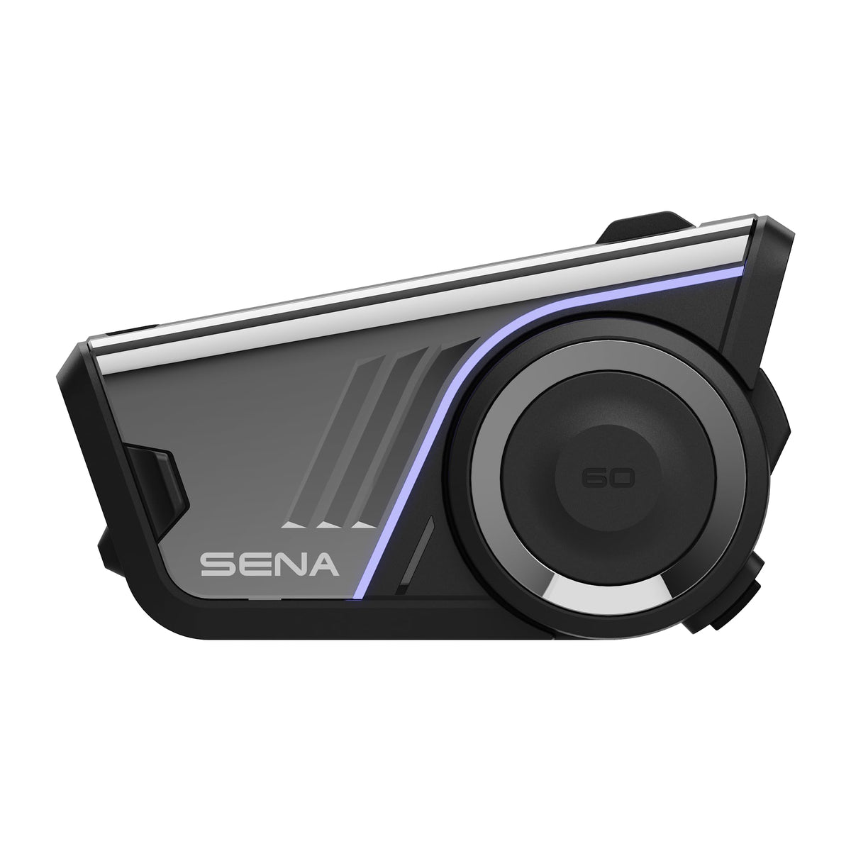 Sena 60S front profile showing controls and sleek faceplate, improves rider convenience