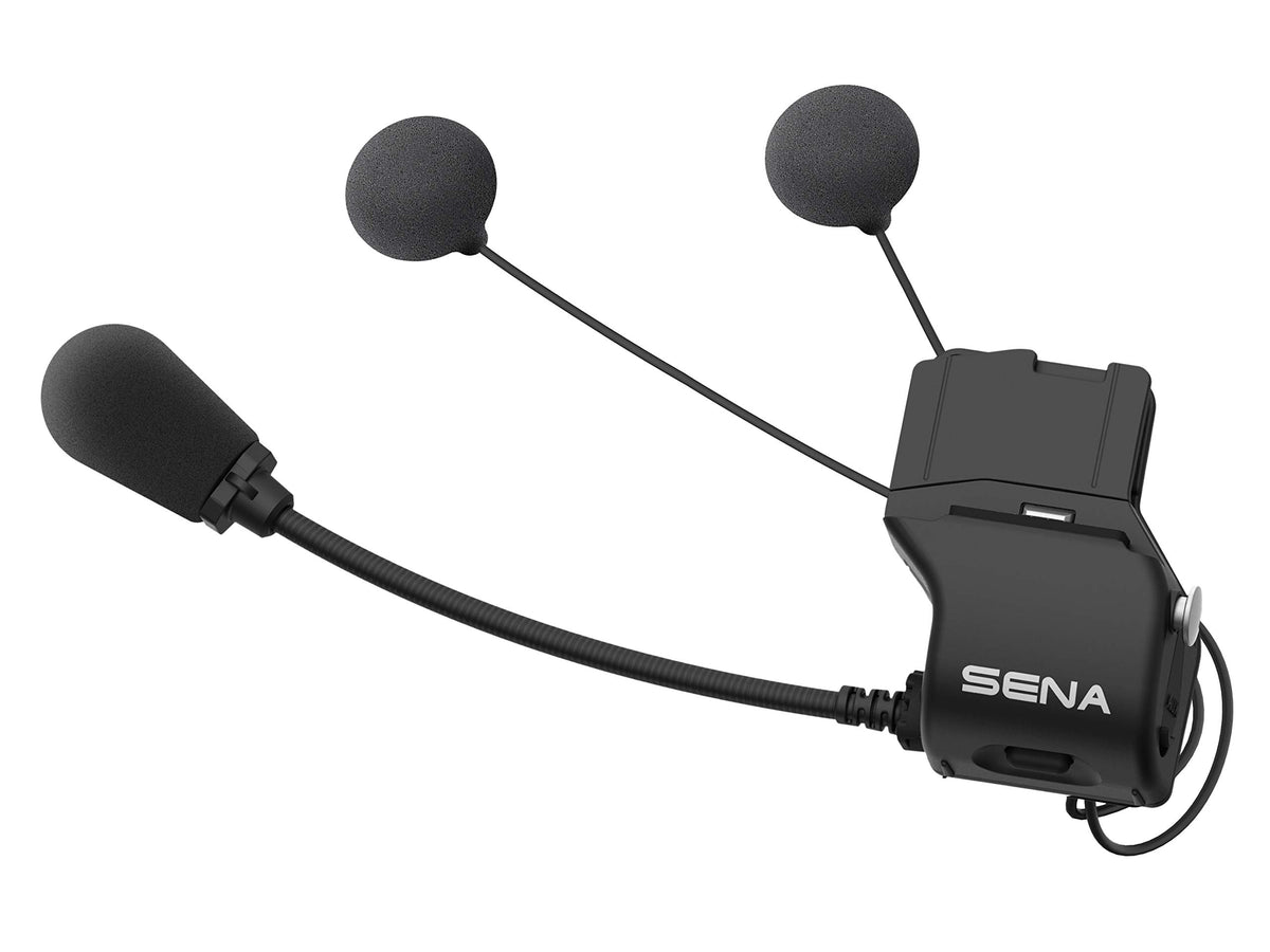Sena clamp kit installed on helmet demonstrating neat, low-bulk appearance