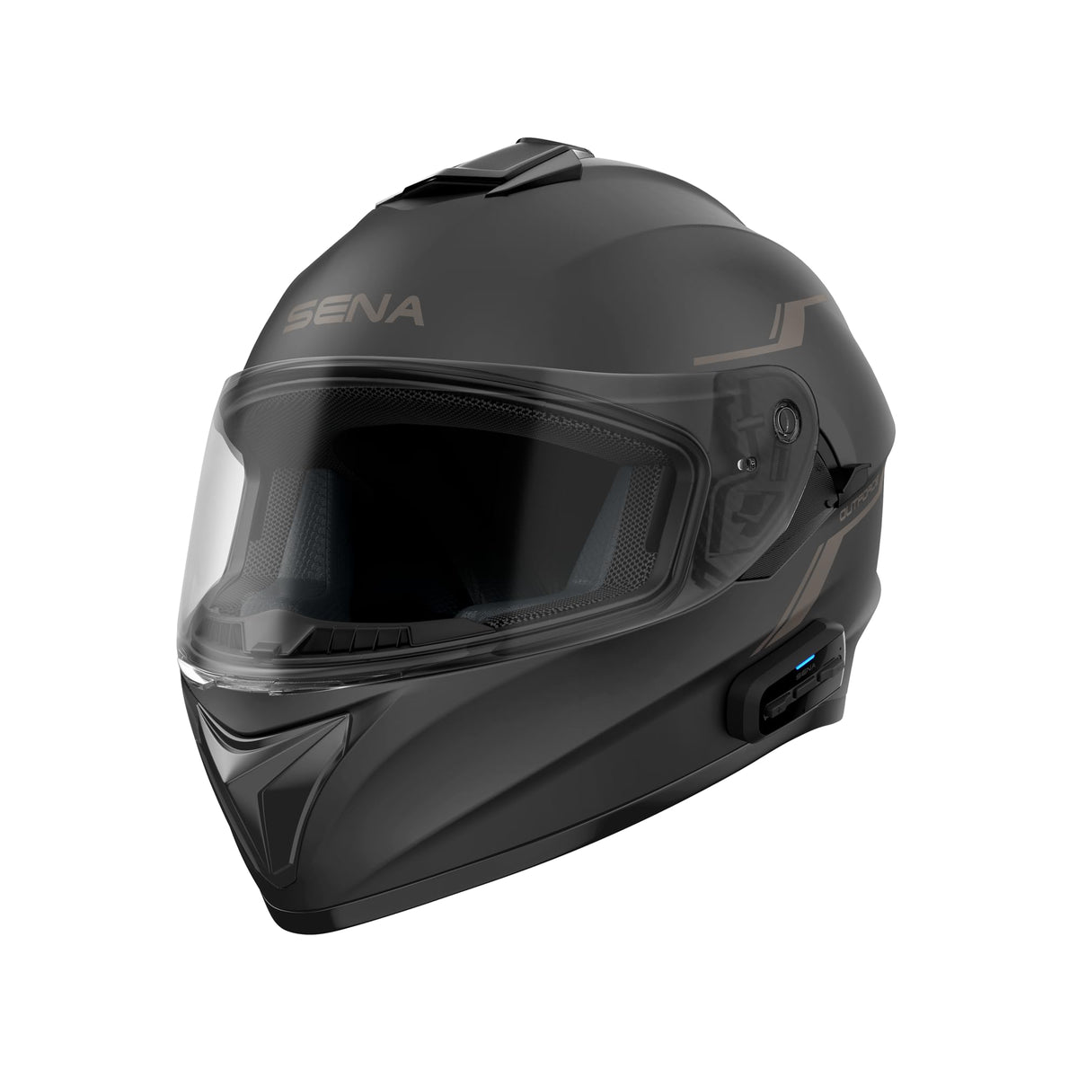 Sena OutForce front view showing matt black shell and visor, offering stylish protection