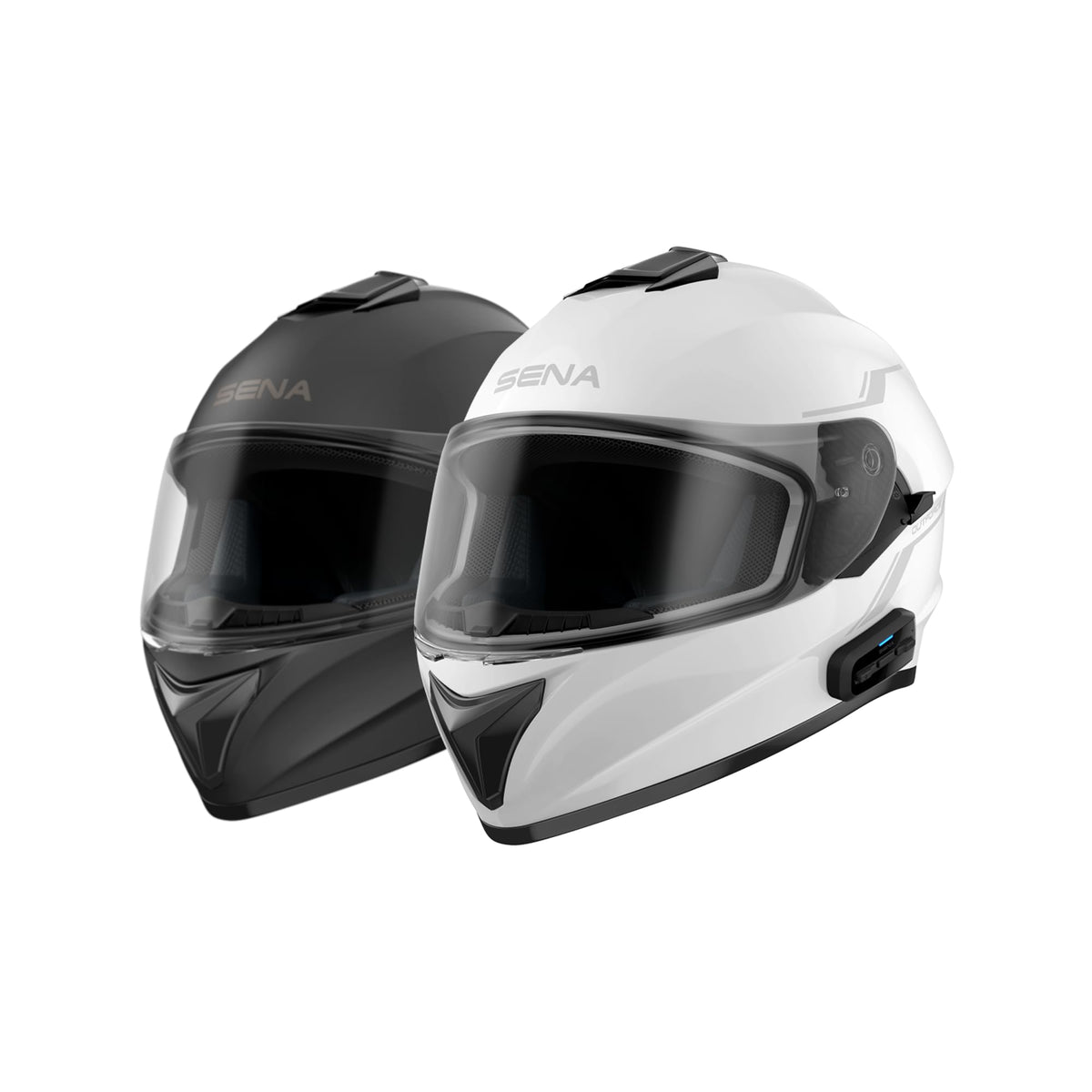 Sena OutForce next to helmet size chart showing medium fit assurance and scale