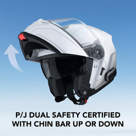 Sena OUTRUSH 2 chin bar detail illustrating flip-up mechanism and P/J dual-homologation for convenience and safety
