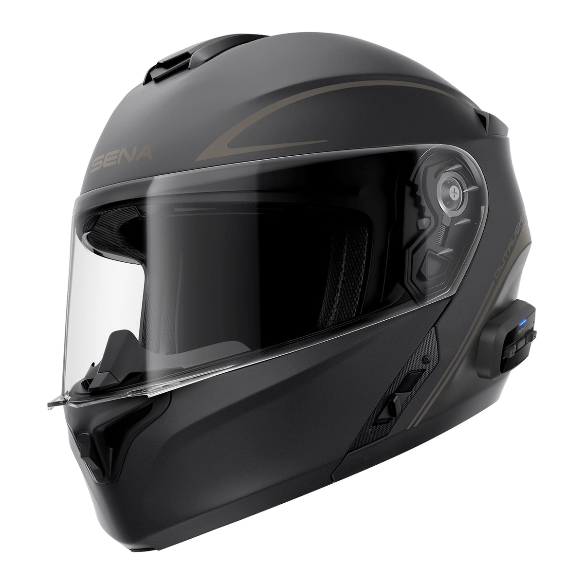 Sena Outrush R front view showing matte black shell and integrated audio advantage