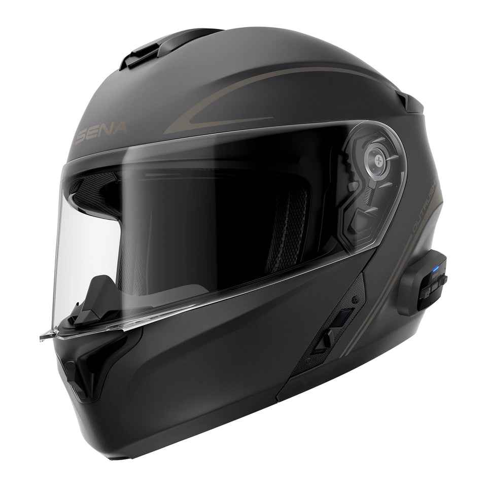 Sena Outrush R front view showing matte black shell and integrated audio advantage