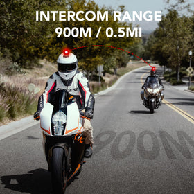 Sena Outrush R beside a helmet for scale showing size and protective fit