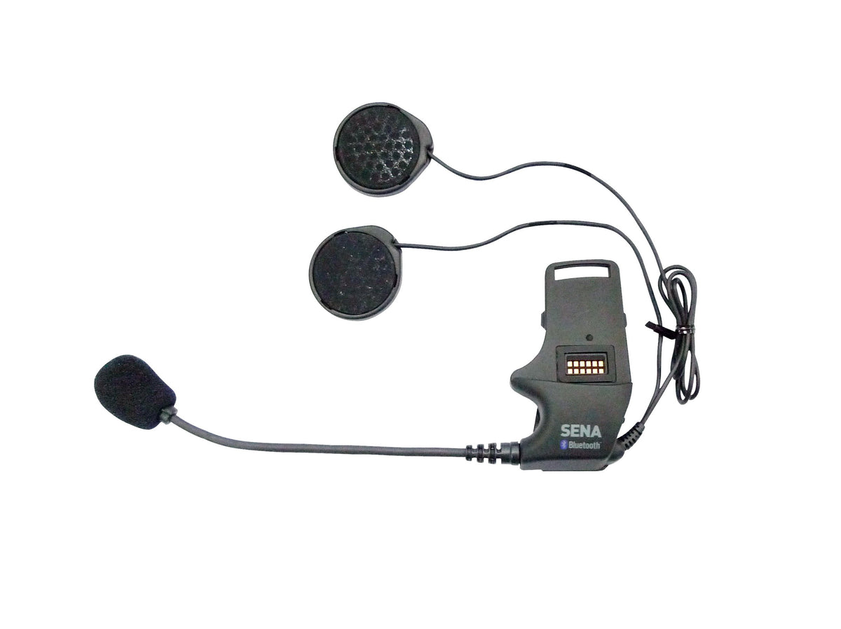 Sena front clamp assembly showing mount and boom microphone for secure helmet mounting