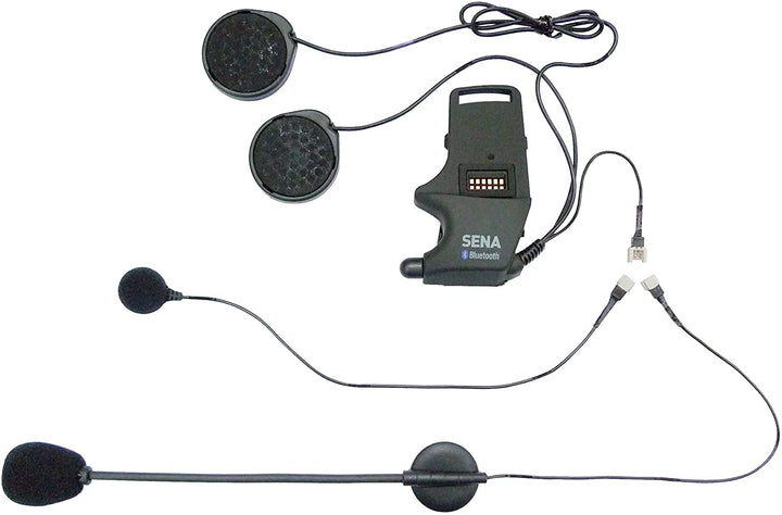 Sena clamp kit front assembly showing mount and speaker pads for quick helmet installs
