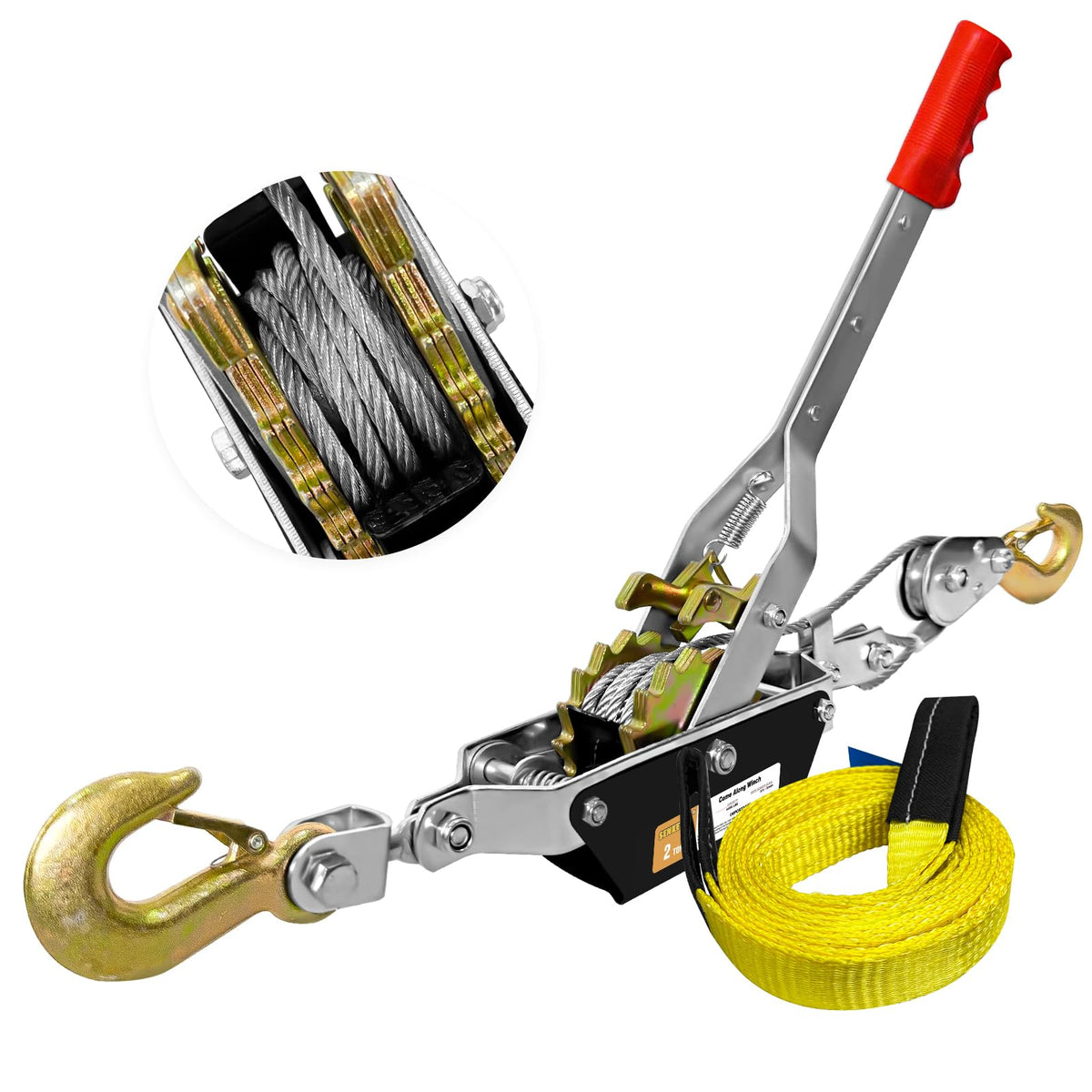 SENKEYFE front view of come along winch showing compact body and label, durable tool benefit