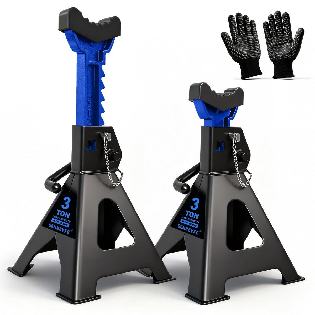 SENKEYFE front view pair of blue jack stands showing stable support and capacity