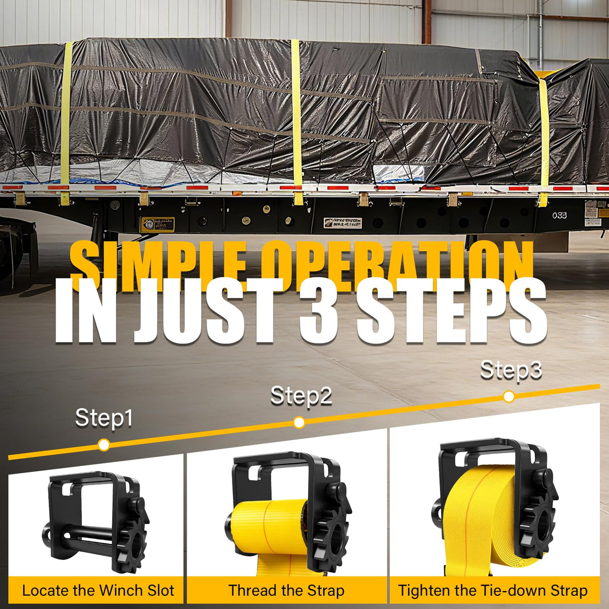 SENKEYFE winch installed on flatbed trailer in use illustrating secure cargo hauling